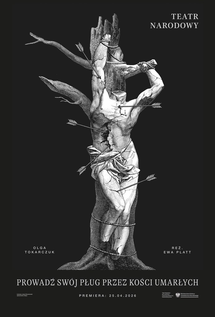 Plakat spektaklu PROWADŹ SWÓJ PŁUG PRZEZ KOŚCI UMARŁYCH Olgi Tokarczuk w reż. Ewy Platt, ilustracja: Jakub Woynarowski, opracowanie: Elipsy / Archiwum Artystyczne teatru Narodowego